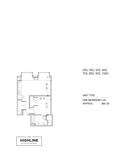 Floor plan for 1 bed, 1 bath, 565 sqft
